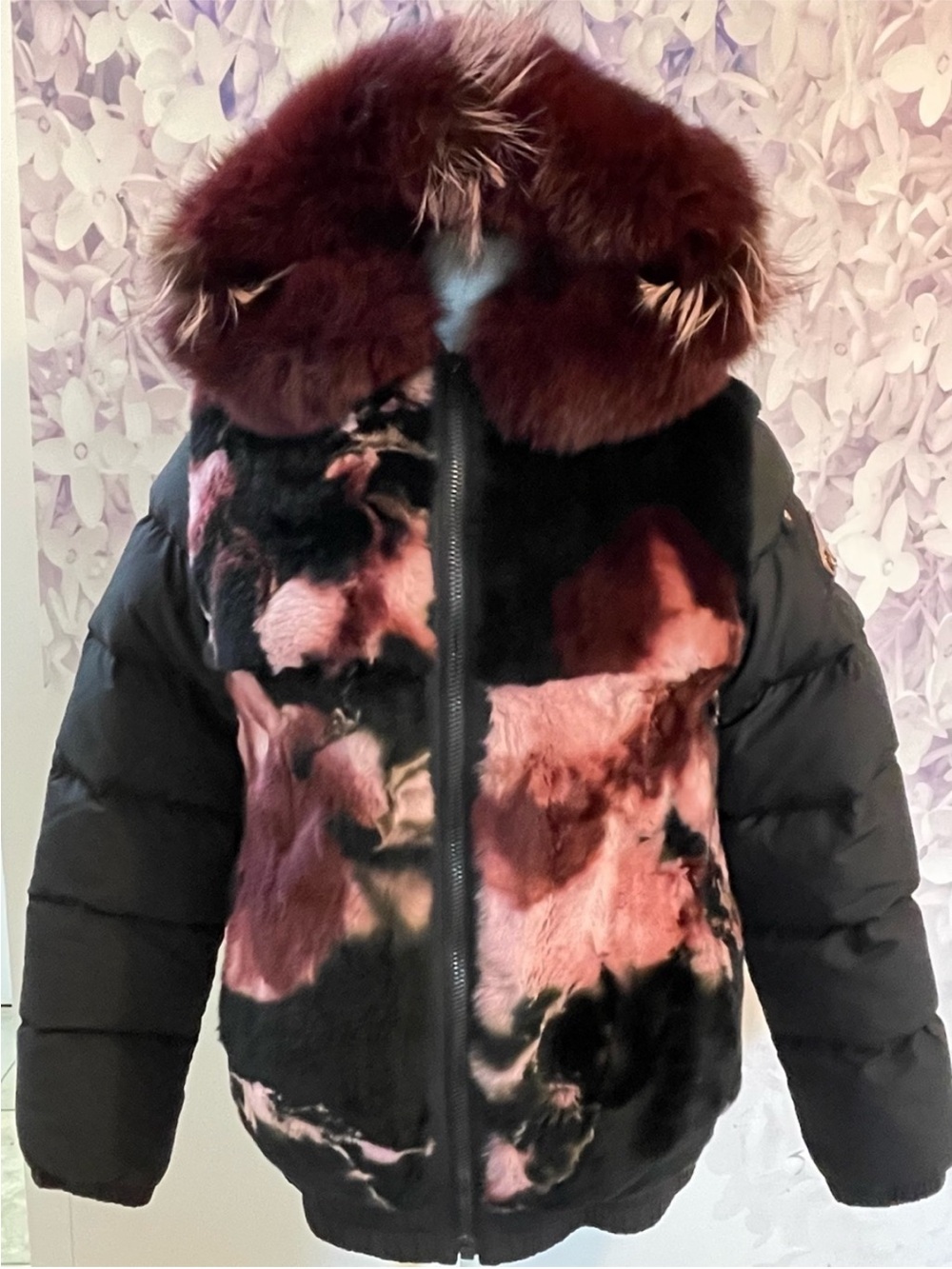 Moose Knuckles Pink Burgundy & Black Fur Puffer Bomber Jacket size S/P